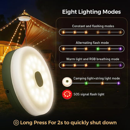 2-Pack Camping String Lights, Quick Storage 32.8FT Rechargeable Tent Lights String with 8 Modes, Hanging Waterproof Portable LED Lamp for Camping Outdoor Patio Awning Garden Party Essentials