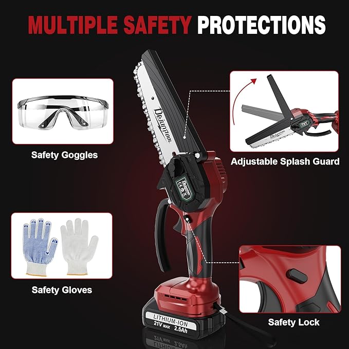 Mini Electric Chainsaw Cordless Brushless, 6 Inch Small Chainsaw Battery Powered, Handheld Chain Saw for Wood Tree Branches Pruning, 4 Chains, 2x 2500 mAh Battery, Garden Tools Christmas Gifts for Dad