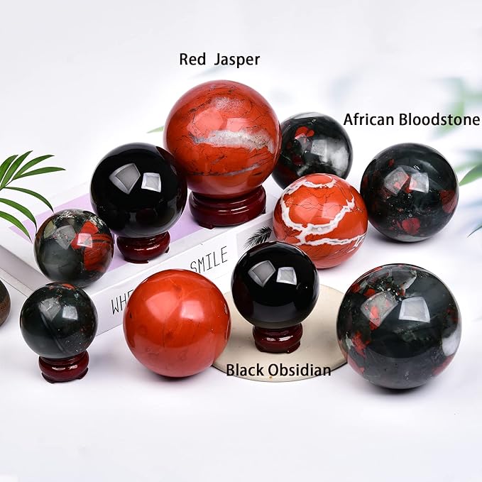 JIC Gem Real Quartz Crystal Sphere Ball African Bloodstone Healing Crystal Ball with Decoation Stand for Fengshui Meditation Ball (60-70mm)