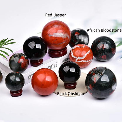 JIC Gem Real Quartz Crystal Sphere Ball African Bloodstone Healing Crystal Ball with Decoation Stand for Fengshui Meditation Ball (60-70mm)