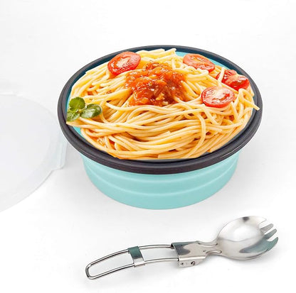 CCyanzi 1200ml Collapsible Camping Bowl Silicone Food Storage Container with Lid and Foldable Stainless Steel Fork Spoon, for Picnic, Travel, Camping, RV, Fridge and Microwave Bowls