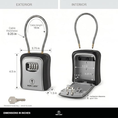 Iron Lock® Medium Key Lock Box with Code, 15-in Steel Cable Shackle (Grey) | Built-in key hooks + catch tray; hangs on handles, gates, fences or a hasp; wall-mountable; dial cover; no batteries
