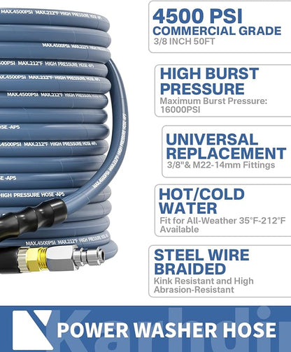 Pressure Washer Hose 50FT 3/8" for Cold and Hot Water 212°F, with Swivel Quick Connect, 4500PSI Kink Resistant Grade Steel Wire Braided, Power Washer Hose With 2pcs M22-14mm Adapter
