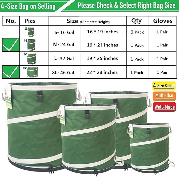 24 Gallon and 46 Gallon Collapsible Trash Can Solid Bottom for Yard Waste Bag,Garden Debris Bag,Pop-Up Trash Can,Recycling Bin,RV Camping Waste Bin,Laundry Hamper,Lawn Grass,Yard Weeds Bags,Leaf Bags