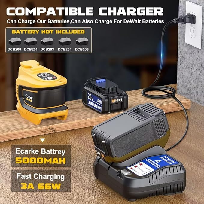 Power Inverter 200W Portable Power Station Generator Compatible with DeWALT, Ecarke Real 200W Supply Charger Adapter with Dual USB,AC Outlet and Type-C with 5Ah Battery & Charger Station Kit