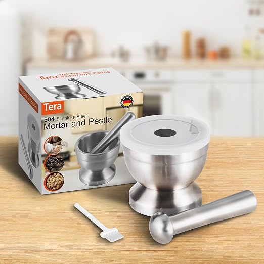 Tera 18/8 Stainless Steel Mortar and Pestle with Brush,Pill Crusher,Spice Grinder,Herb Bowl,Pesto Powder