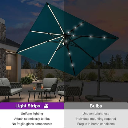 PURPLE LEAF 10 Feet Patio Umbrella Outdoor Cantilever Solar Powered LED Swivel Square Umbrella Aluminum Offset Umbrella with 360-degree Rotation for Garden Deck Pool Patio, Turquoise Blue