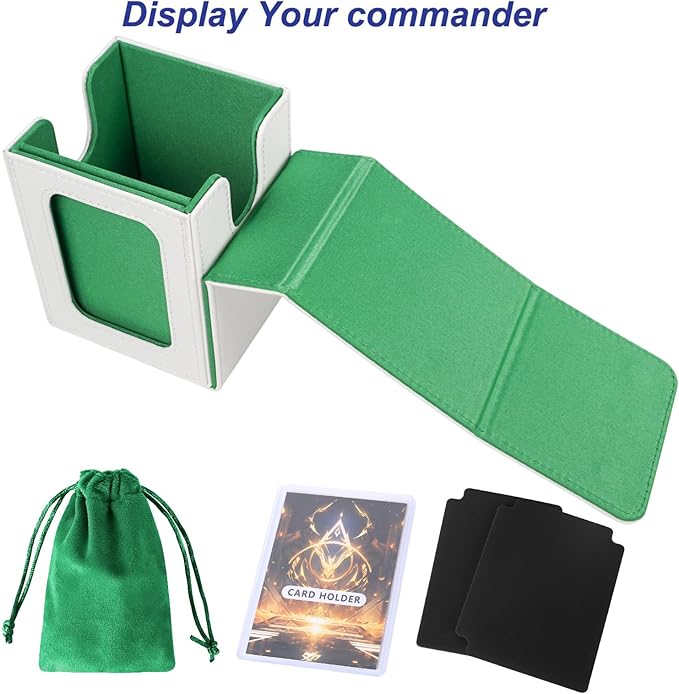 AFIING MTG Deck Box for Commander Display,Card Deck case Fits 100 Double Sleeved Cards, Magic Commander TCG Card Storage Box with 2 Dividers,Dice Bag and 1 Toploader(Whtie Green)