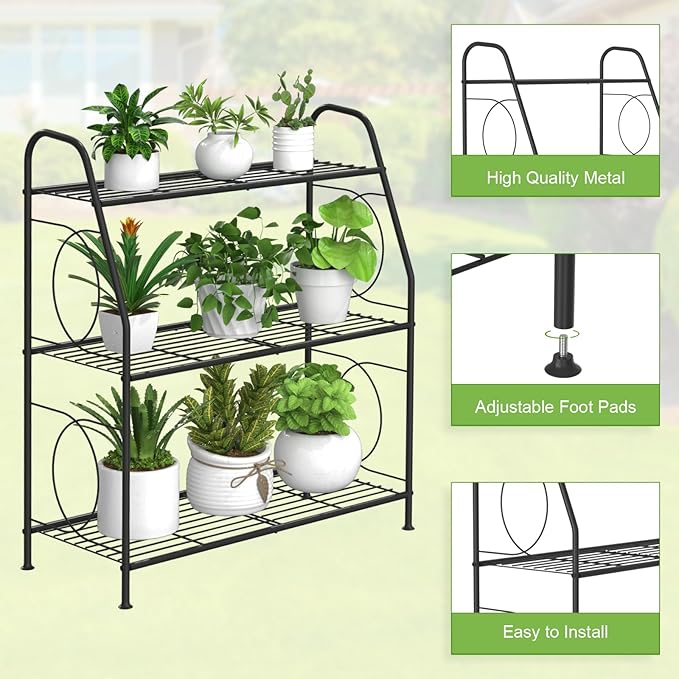 Plant Stand, 3 Tier Plant Shelf for Indoor Outdoor, Heavy Duty Metal Outdoor Plant Stand Holder Rack for Living Room Balcony and Garden, Iron Wire, Black