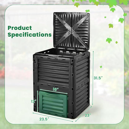 Compost Bin Outdoor, 80 Gallon Garden Compost Bin with Top Lid & Bottom Door, Aerating Outdoor Compost Box Waste Container Barrel Fertilizer for Garden & Yard (Black & Green)