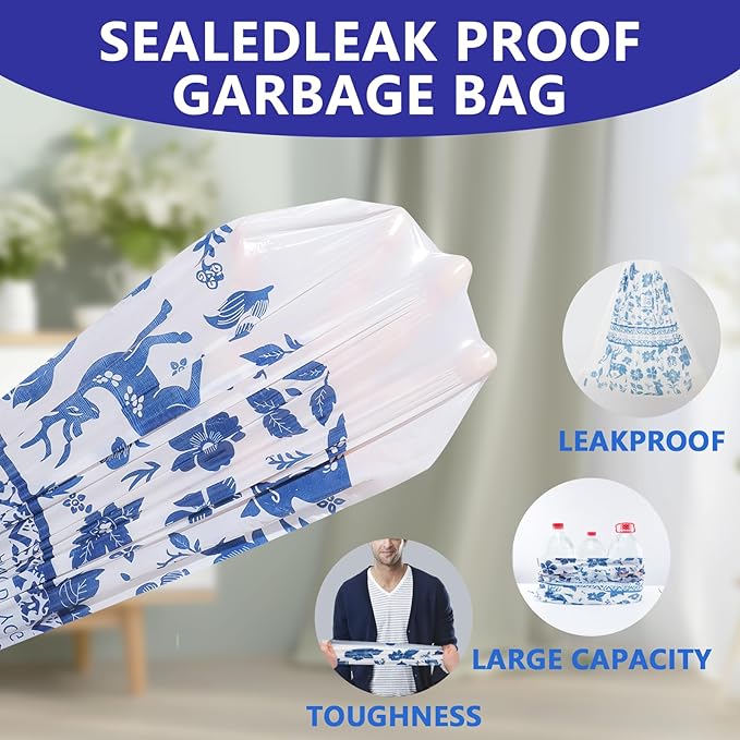 VOK 4 Gallon Trash Bags Drawstring, Printed Small Garbage Bags with Secure Tie, Tear-Resistant & Leakproof Design for Bathroom/Bedroom, Decorative Odor-Control Trash Can Liners, 160 Counts