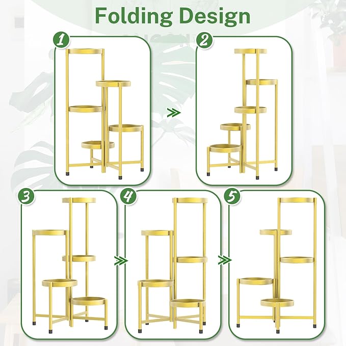 iDavosic.ly Plant Stand Indoor Outdoor, 5 Tier Corner Metal Flower Display Holder Shelf, Folding Tall Orchid Rack for Patio Balcony Porch Garden Living Room House, Gold
