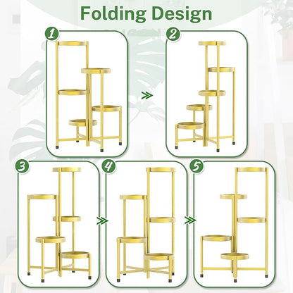 iDavosic.ly Plant Stand Indoor Outdoor, 5 Tier Corner Metal Flower Display Holder Shelf, Folding Tall Orchid Rack for Patio Balcony Porch Garden Living Room House, Gold