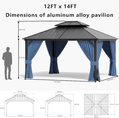 12x14ft Hardtop Gazebo Double Roof, Outdoor Pavilion with 2-Layer Hard top Galvanized Iron Frame Garden Tent, Suitable for courtyards, backyards, Decks, and Grass