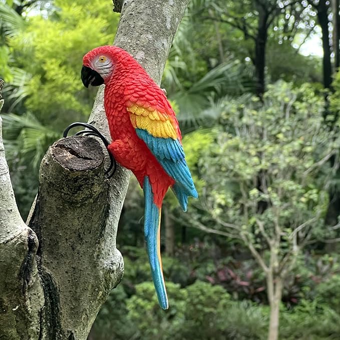 Realistic Parrot Sculpture Resin Hanging Parrots Garden Statues Lifelike Bird Figurines Landscape Ornament Patio Yard Lawn Figurine Tree Decor, Outdoor Garden Wall Statues (Red)