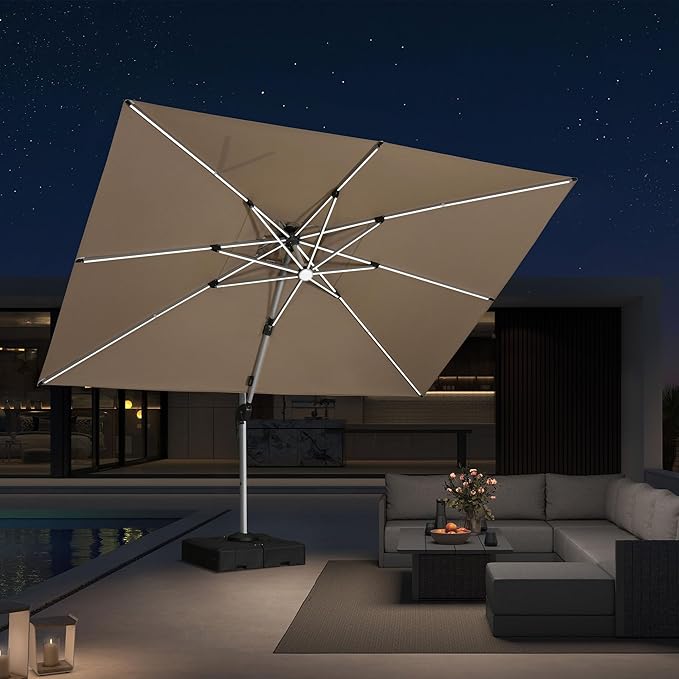 PURPLE LEAF 9' X 12' Solar Powered LED Patio Large Umbrella Offset Double Top Hanging Umbrella Outdoor Market Umbrella for Garden, Deep Beige