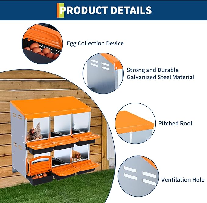 Chicken Nesting Box, 6 Compartment Roll Away Egg Laying Box for Hens, Wall Mounted & Freestanding (2 Modes of Use), Easy Egg Collection, Cleanable Pull Out Nesting Box, Org, NL