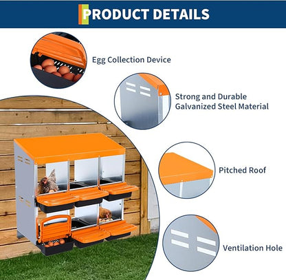 Chicken Nesting Box, 6 Compartment Roll Away Egg Laying Box for Hens, Wall Mounted & Freestanding (2 Modes of Use), Easy Egg Collection, Cleanable Pull Out Nesting Box, Org, NL