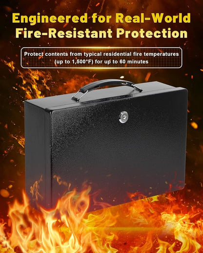 KYODOLED Fireproof Document Box with Key Lock, Small Lock Boxes for Personal Items, Fire and Water Resistance, Fireproof Safe Box for Documents, Jewelry, Passport, Cash, 12.6'' x 8.3'' x 3.58'' Black