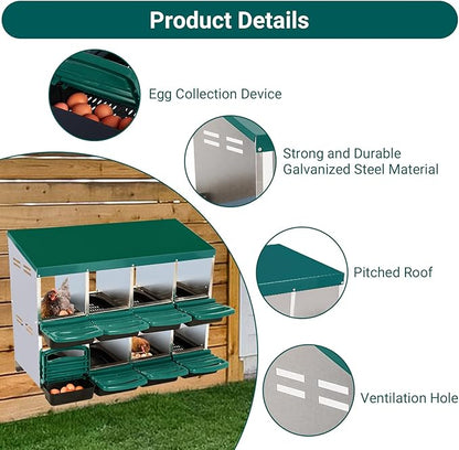 Chicken Nesting Box, 8-Hole Metal Wall Mount Chicken Laying Boxes with Legs and Lid Cover, Easy to Assemble, Roll-Away Egg Design Nesting Boxes for Outdoor Chicken Coop & Farm Yard, Green