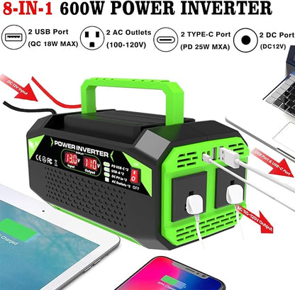 600W Power Inverter, 12V DC to 110V AC Converter with LED Display, 2 AC Outlets, 2 PD 25W Type-C, 2 QC 18W USB-A(4.2A)，2 DC Port, for Road Trips Laptop Computer