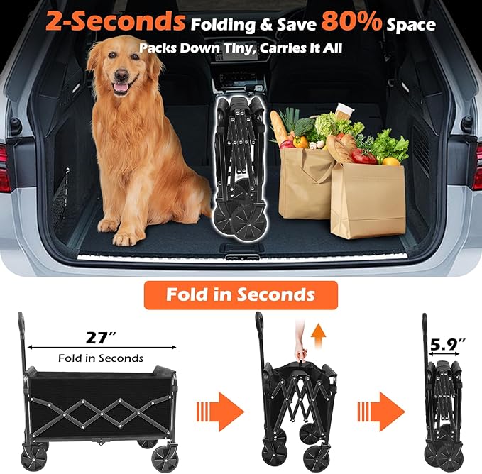 Wagons Carts Foldable, Collapsible Wagon, Foldable Wagon Cart with Wheels, Folding Wagons for Beach Camp Sports Garden, 2 Cup Holders/Lightweight Portable/Black/360 LBS