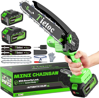 Tietoc Mini Chainsaw 8 inch Cordless with 2x 4000mAh Batteries, Battery Powerd Chain saw with Oiler, Lightweight Handheld Saw for Hous