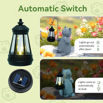 Solar Cat Garden Statues with LED Lights, Outdoor Decor for Patio Yard Balcony - Unique Housewarming Birthday Gifts for Women Mom Grandma