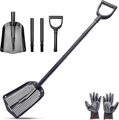 4-Section Adjustable Sand Sifter Shovel - 47.7" Aluminum Beach & Farm Sieve Tool for Treasure Hunting, Chicken Coop Cleaning, Screening Gravel - Portable Modular Design with Carry Bag & Gloves