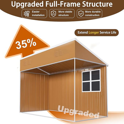 8x4 FT Outdoor Storage Shed, Metal Shed with Floor, Lockable Door, Sloping Roof, All-Weather Lean to Resin Shed for Garden, Backyard, Patio, Lawn (Khaki)