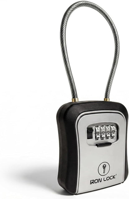 Iron Lock® Medium Key Lock Box with Code, 15-in Steel Cable Shackle (Grey) | Built-in key hooks + catch tray; hangs on handles, gates, fences or a hasp; wall-mountable; dial cover; no batteries