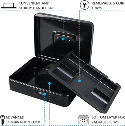 KYODOLED Metal Cash Box with Combination Lock Money Box for Cash Safe Metal Box with Money Tray for Security Lock Box 11.81"x 9.45"x 3.54" Black X Large