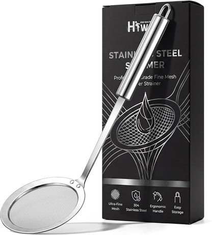Hiware Stainless Steel Fat Skimmer Spoon - Fine Mesh Food Strainer for Grease, Gravy and Foam, Japanese Hot Pot Skimmer with Long Handle