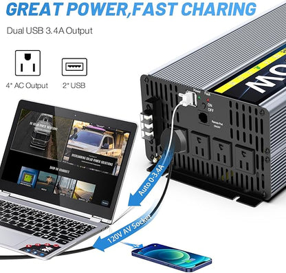 24V 4000W Pure Sine Wave Inverter 24V DC to 110V/120V AC Converter with 4AC Outlets, 5V/3.4A USB, Remote Control with on-Screen Display, Off-Grid Solar Power Inverter for Truck, Home, Vehicles, RV