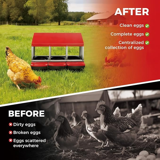 Chicken Nesting Boxes, Metal Rollaway Chicken Nest Box with Rollout Egg Collection, Removable Tray & Nesting Pads, Egg Laying Box for Chicken Coop Hens, Wall Mount or Standing, 3 Compartments, Red