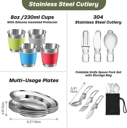 Odoland 29pcs Camping Cookware Mess Kit, Non-Stick Lightweight Pots Pan Kettle, Collapsible Water Container and Bucket, Stainless Steel Cups Plates Forks Knives Spoons for Outdoor Backpacking Picnic