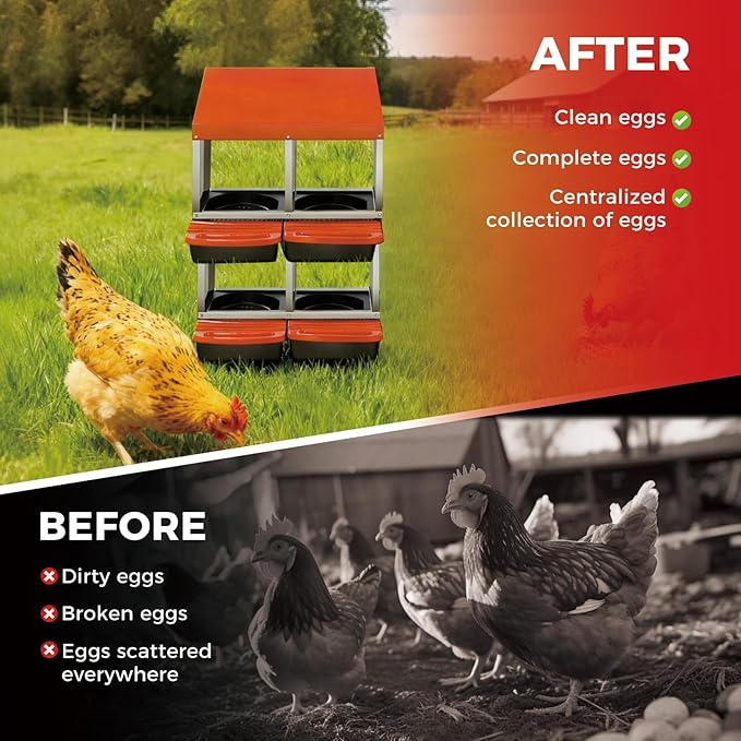 Chicken Nesting Boxes with Rollout Egg Collection – 4-Compartment Metal Hen Nest Box with Removable Trays, Slanted Roof & Ventilation, Wall Mount or Standing for Backyard Poultry Coop, Orange