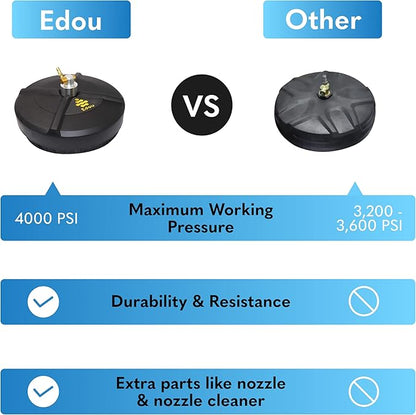 EDOU Professional Pressure Washer Surface Cleaner 15" - Stainless Steel, Heavy Duty - 4,000 PSI Max Working Pressure - Includes 2 Extension Wands and Power Washer Accessories