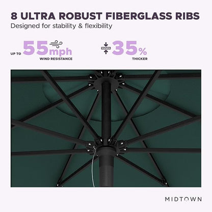 Midtown Umbrellas Push and Pop 9 Feet Outdoor Umbrella, Dark Green Polyester Fabric - Fiberglass Ribs Deck Patio Umbrella, Backyard Umbrella, Garden Umbrella & Pool Umbrella - Black Pole