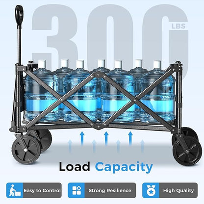 Collapsible Wagon Carts with Large Capacity, Utility Beach Wagons Heavy Duty Foldable,Side Pockets,300lb Load-Bearing Outdoor for Camping, Garden, Sports, Picnic, Shopping-Black U-Black