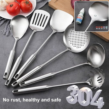 Stainless Steel Kitchen Cooking Utensils Set 6 PCS Dishwasher Safe | Food-grade 304, All Metal, 12-13.6", Wok Spatula, Ladle, Skimmer, Slotted Spatula Turner, Spaghetti Spoon, Large Spoon