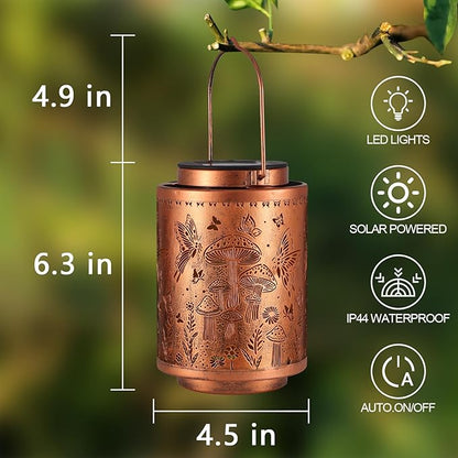2 Pack Solar Lanterns Outdoor Waterproof Garden Decor Gifts for Women Mon Grandma Metal Hanging Solar Lights Decoration for Outside LED Lanterns for Yard Patio Lawn(Mushroom)