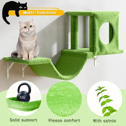 NUNU LAB Wall Mounted Cat Climber Set, 6 Pcs Cat Furniture Set with House, Bridge, Steps, Scratcher Board and Hammock, Shelves for Indoor, Luxury Walls Furniture, Light Green