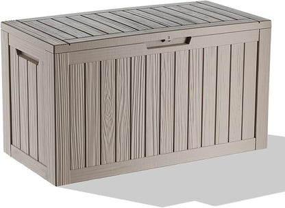 ROJIK Outdoor Storage Housing Deck Box - Waterproof Patio Furniture, Garden Tools, Cushions, Pool Accessories Storage Bench with Lockable Lid and Side Handles (Grey 88 Gal)
