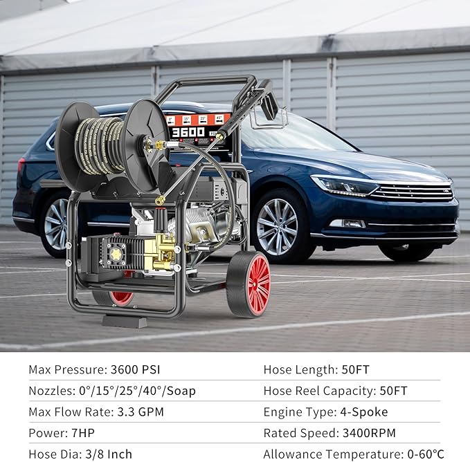 3600 PSI Gas Powered Commercial High Pressure Washer with Hose Reel 212cc 7HP Engine 3.3GPM Electric Start, Includes 50 FT 3/8 inch Hose 5 Quick Connect Nozzles Spray Gun and Wand