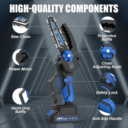 AZZUNO Mini Chainsaw, 6-Inch Electric Portable Chainsaw Cordless, Small Handheld Chain Saw with 2 Rechargeable Batteries & 2 Chains for Wood Cutting Tree Trimming DIY Projects Gardening Camping