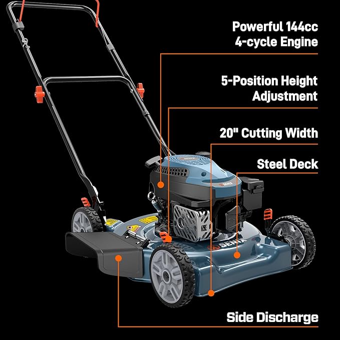 SENIX 144 cc Gas Lawn Mower, 20 inch 4-Cycle Push Mower, Side Discharge, 5 Position Cutting Height Adjustment, Low Noise & Fuel-Efficient for Lawn, Yard and Garden (LSPG-L5)