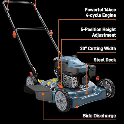 SENIX 144 cc Gas Lawn Mower, 20 inch 4-Cycle Push Mower, Side Discharge, 5 Position Cutting Height Adjustment, Low Noise & Fuel-Efficient for Lawn, Yard and Garden (LSPG-L5)
