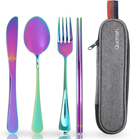 Travel Utensils with Case, Quatish Portable Silverware Set for Work, Stainless Steel Reusable Travel Cutlery Set, Fork and Spoon Set for Camping, Picnic, Gadgets, Lunch Box for Men, Rainbow