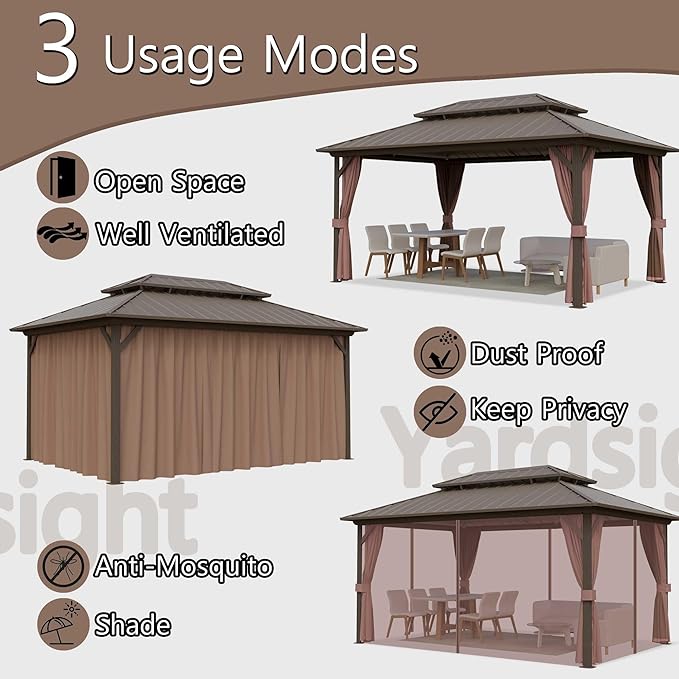 10'x14' Hardtop Gazebo, Outdoor Aluminum Frame Galvanized Steel Double Roof Pavilion with Netting and Shaded Curtains, Permanent Metal Pergolas for Patio, Backyard, Deck and Lawns.